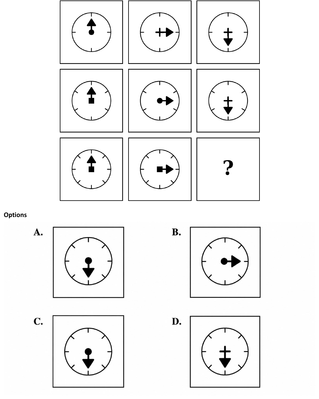 GATE abstract reasoning practice question — 3x3 matrix of dials with tick marks and rotating pointers