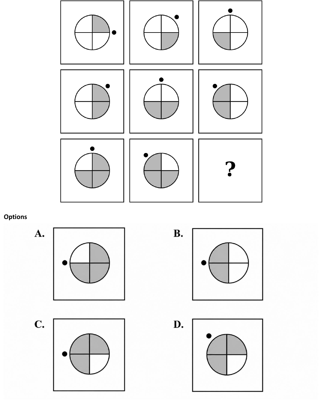 GATE abstract reasoning practice question — 3x3 matrix of circles with shaded quadrants and satellite dots